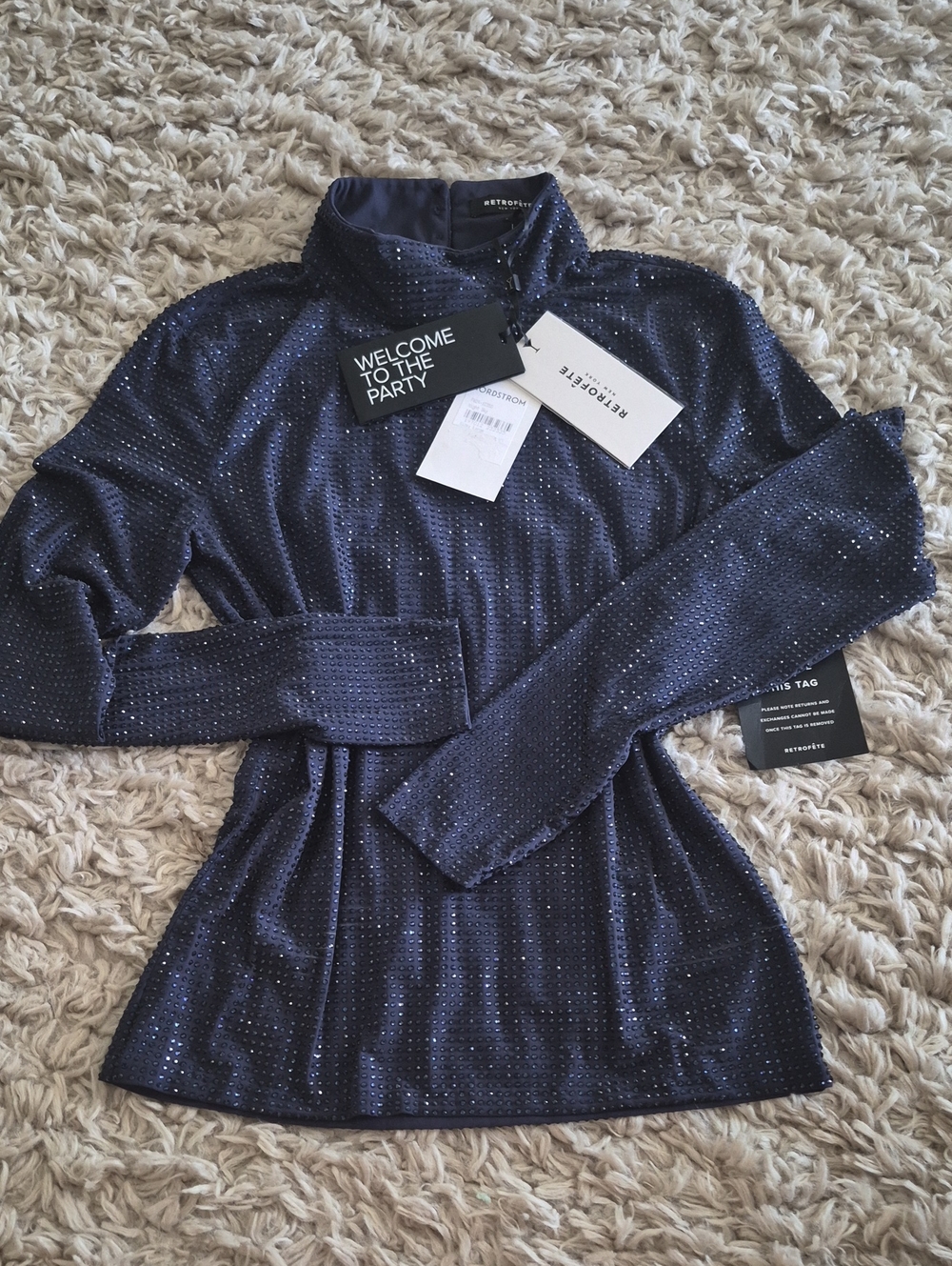 Retrofete New York  Navy Sequin Mock Neck Top